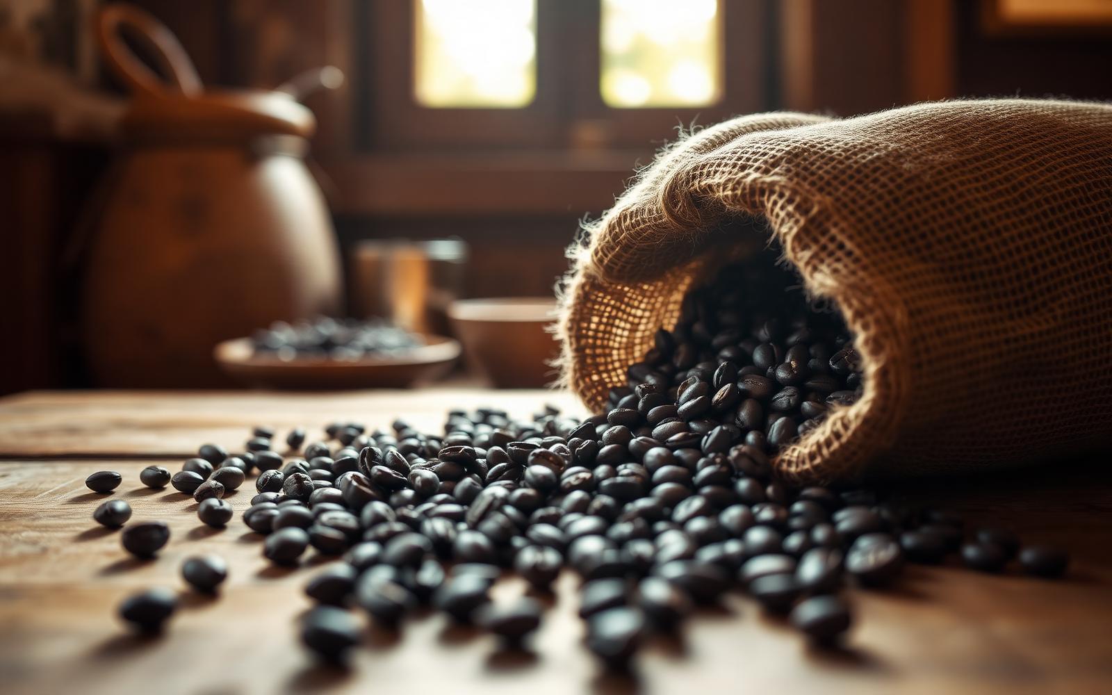 Chicchi di caffè tostati che fuoriescono da un sacco di juta su un tavolo di legno rustico